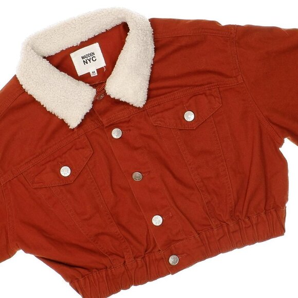 Madden NYC Crop Jacket Womens M Burnt Orange Cotton Button Front Elastic Hem - Picture 2 of 6